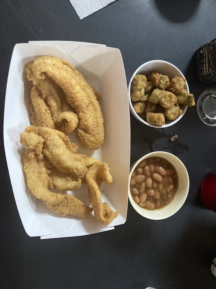 Full Fish with Fried Okra and Pinto Beans